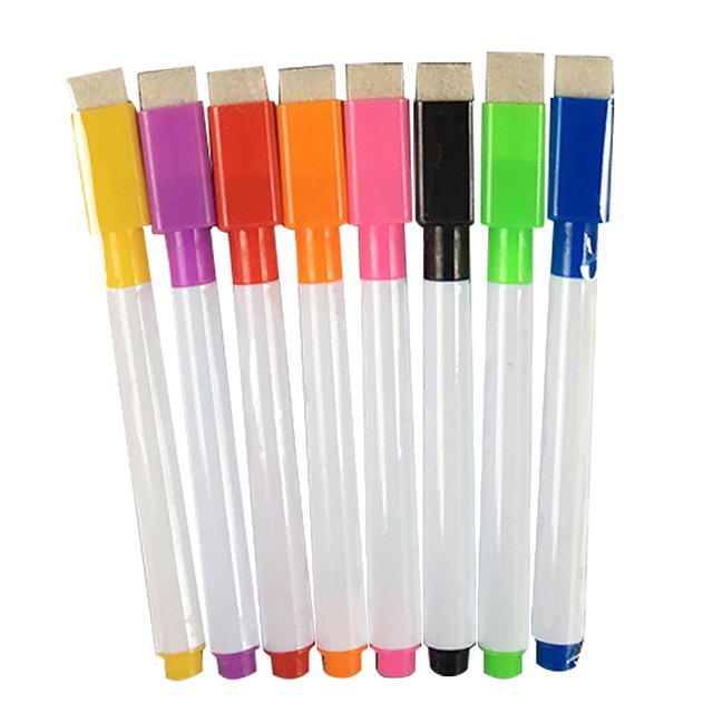 amdohai Dry Erase Markers with Eraser Cap, Assorted Colors, 8 Count. Includes pink, dark blue, black, green, red, yellow, purple, and sky blue markers. Designed with a built-in eraser cap for convenient wiping, these whiteboard pens are suitable for dry erase boards and whiteboards. Perfect for classrooms, offices, and home use as versatile stationery supplies.