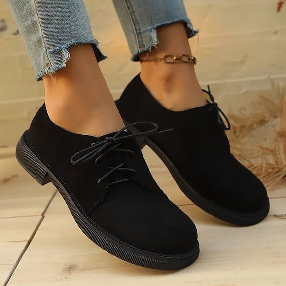 XIMIN Women's Lace-Up Suede Classic Solid Color Closed Toe Low-Heeled Business Chunky Oxford Shoes Retro Pointed Toe Comfort Lined Non-Slip Dress Derby Shoes