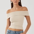 thumbnail image 2 of Yuyuzo Going out Tops for Women off Shoulder Tops Short Sleeve Crop Top Solid Color Stretchy Slim Fitted Basic Tees, 2 of 7