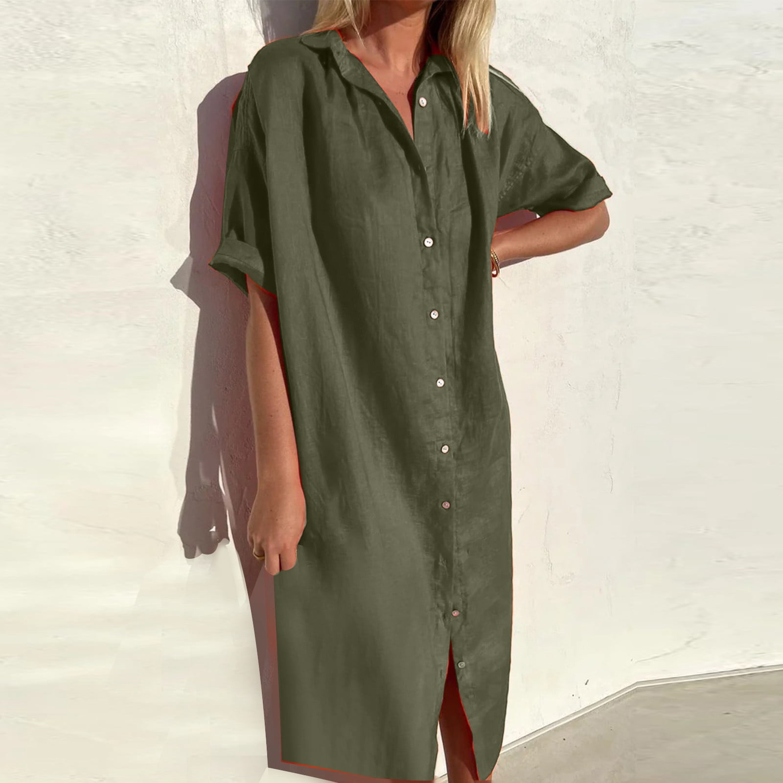 Robe d'Été pour Femmes 2024 Mode Grande Taille Printemps et Col à Revers Robe en Coton et Lin à Boutons Décontractée avec Poche Robe Chemise à Manches Courtes Rabais de 50 % Liquidation!