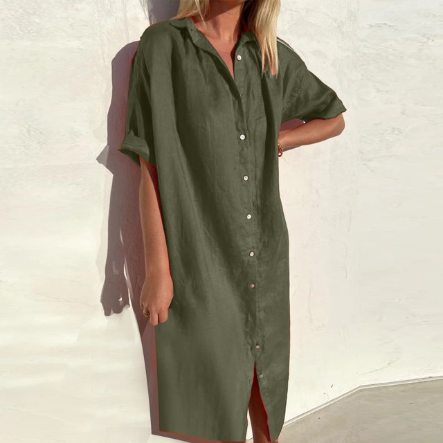 Jusqu'à 65 % de Rabais! Robes d'Été Mode pour Femmes 2024 Grande Taille Printemps et Col à Revers Robe en Coton et Lin à Boutons Décontractée avec Poches Robe Chemise à Manches Courtes