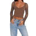 thumbnail image 1 of Fortune Women Mesh Long Sleeve Tops Deep V Neck Shirt Tee Basic Slim Fitted Crop Top, 1 of 5