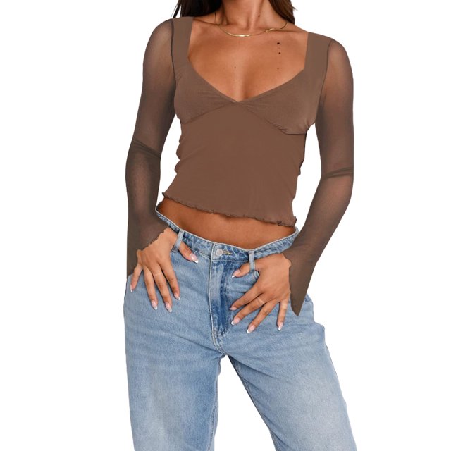 Fortune Women Mesh Long Sleeve Tops Deep V Neck Shirt Tee Basic Slim Fitted Crop Top