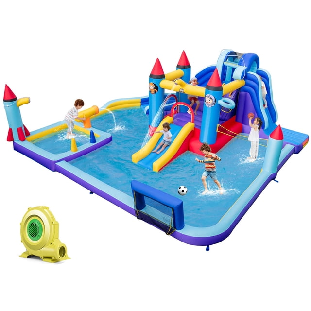 Costway Rocket Theme Inflatable Water Slide Park featuring a multicolour rocket-themed design with two slides, a splash pool, and a 950W blower. The setup includes a long slide, short slide, and a large jumping area with mesh walls for safety. Additional features include a water cannon, climbing wall, basketball hoop, soccer ball and volleyball gate, and a ring-toss game. Made of durable 420D Oxford cloth and PVC, it is suitable for children over 3 years old with a maximum weight limit of 300 lbs. Accessories include a carrying bag, repair kit, water hose, and ground stakes. Ideal for outdoor fun in backyards, parties, or amusement parks.