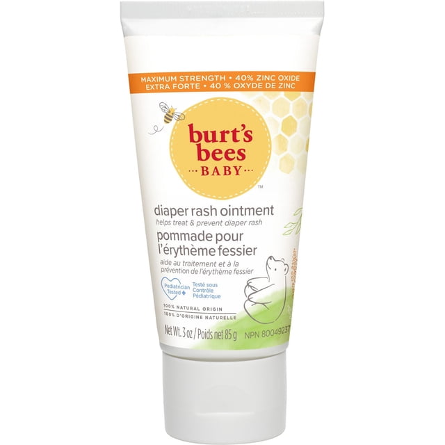 Burt’s Bees Baby 100% Natural Diaper Rash Ointment tube with 40% zinc oxide maximum strength to treat and prevent diaper rash, pediatrician-tested and hypoallergenic, featuring a white tube with yellow honeycomb pattern, bee logo, and bear illustration, net weight 3 oz (85 g).