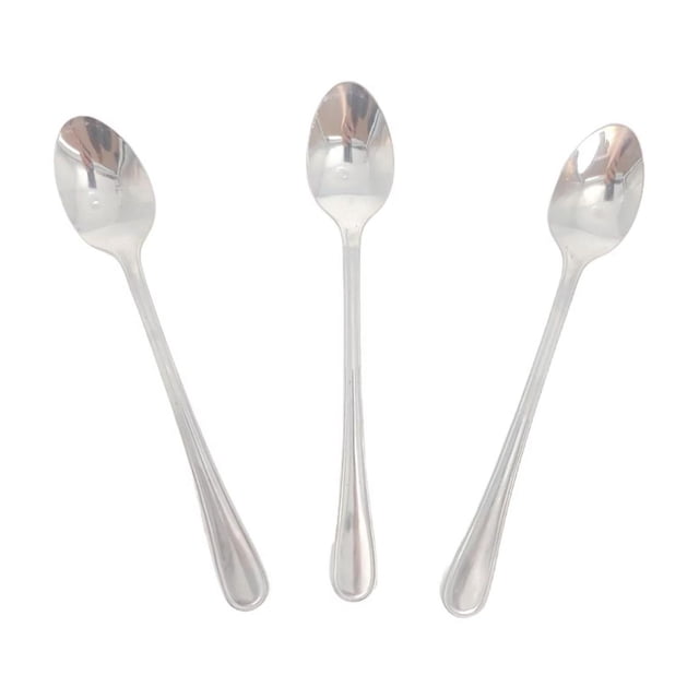 Mainstays 3-Piece Fleetline Iced Tea Spoon set with three 7.7-inch stainless steel teaspoons featuring a simple rounded handle design, ideal for flatware collections, everyday use, and dishwasher safe for easy cleaning.
