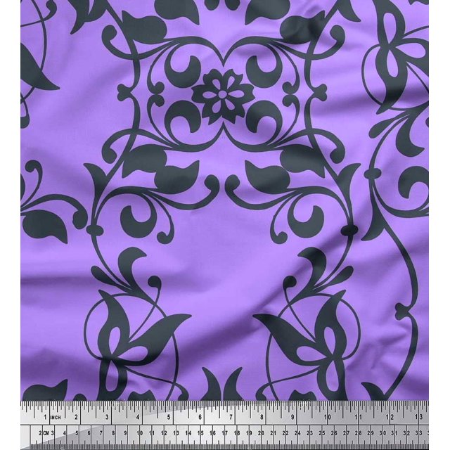 Soimoi polyester Crepe Fabric Leaves & Filigree Damask Print Fabric by the Yard 52 Inch Wide