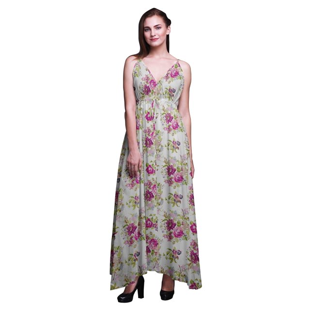 Bimba Robe Longue Maxi à Imprimé Floral pour Femmes, Col en V, Tenue de Villégiature d'Été - Moyen