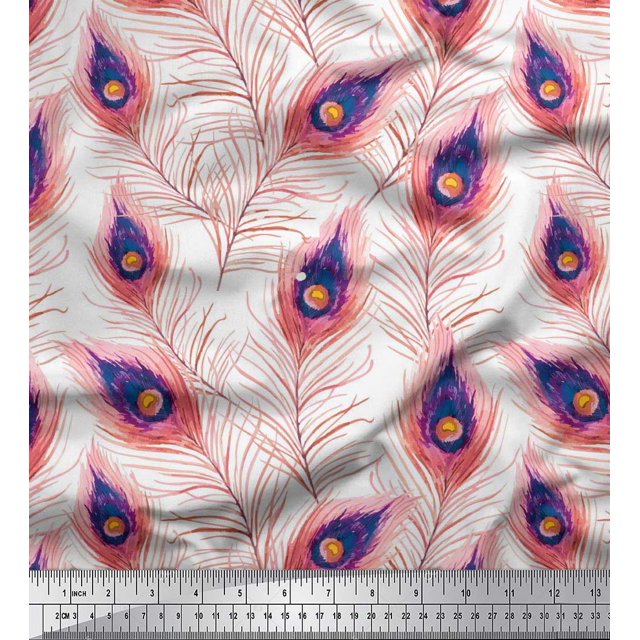 Soimoi Modal Satin Fabric Peacock Feather Print Fabric by the Yard 42 Inch Wide