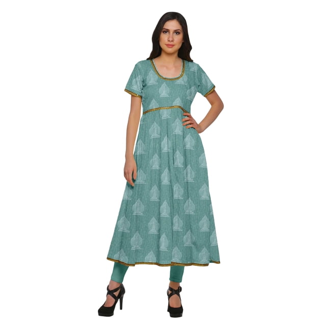 Moomaya Long Cotton Printed Short Sleeve Front Slit Tunic Dresses For Women
