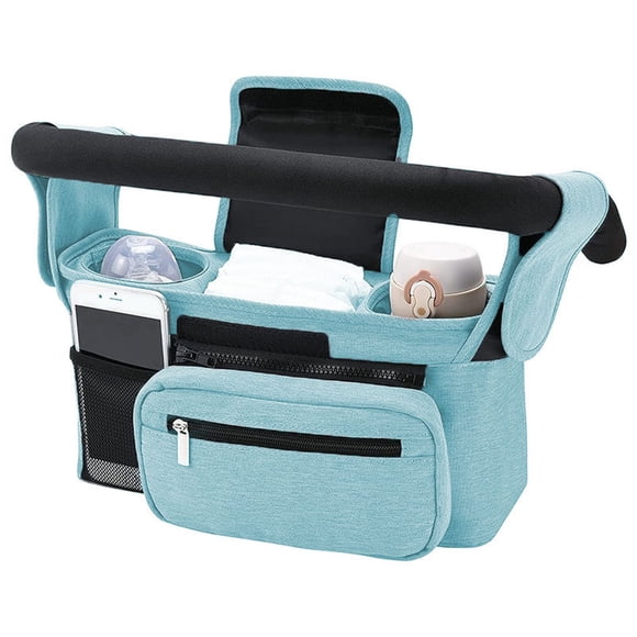 pstuiky Sac Organisateur pour Poussette avec 2 Porte-Gobelets, Dragonne Détachable, Sangle d'Épaule, Sac à Couches, Caddy de Rangement pour Poussette Parents avec Porte-Bouteille Isolé, Poche pour Téléphone, Sangles Ajustables