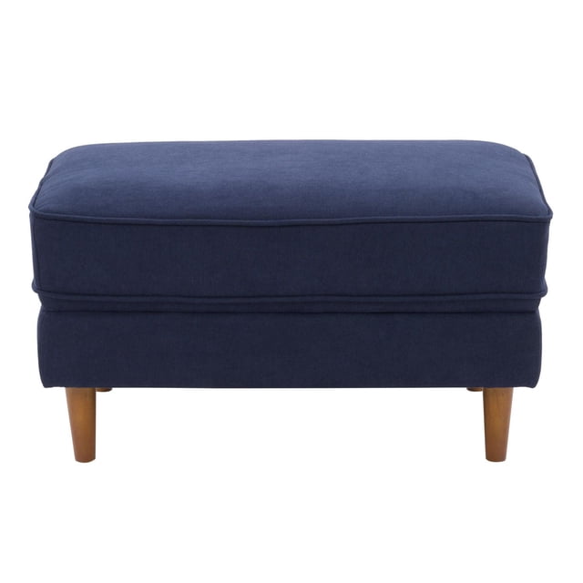 CorLiving Mulberry Versatile Mid-Century Modern Upholstered Ottoman Foot Rest in navy blue microfiber fabric with a rectangular padded top and solid wood legs, front-facing on white background, ideal as a footrest or extra seating in living room furniture, also suitable for compact spaces.