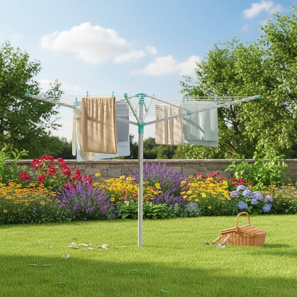 Séchoir Rétractable pour Parasols d'Extérieur – Hauteur Ajustable, Corde à Linge de 164 Pi pour 5 Brassées, Argent et Vert.