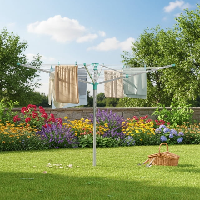 Séchoir Rétractable pour Parasols d'Extérieur – Hauteur Ajustable, Corde à Linge de 164 Pi pour 5 Brassées, Argent et Vert.