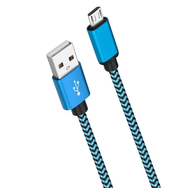 Micro USB Cable 10FT by ROFAY, a blue nylon braided cord for data sync and fast charging. Designed for gaming, it features durable aluminum connectors and a tangle-resistant exterior. Compatible with TV Stick, PS4, Chromecast, power banks, and Android devices.