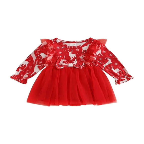Baby Girl Christmas Dress Long Sleeve Elk Print Tulle Patchwork Dress