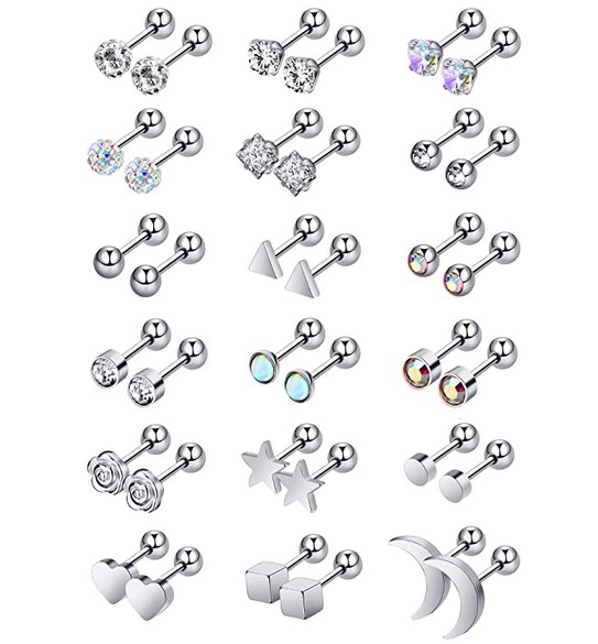 18 Pairs Stainless Steel Stud Earrings Solid Rhinestone Earring Cartilage Earrings Helix Ear Piercing Jewelry