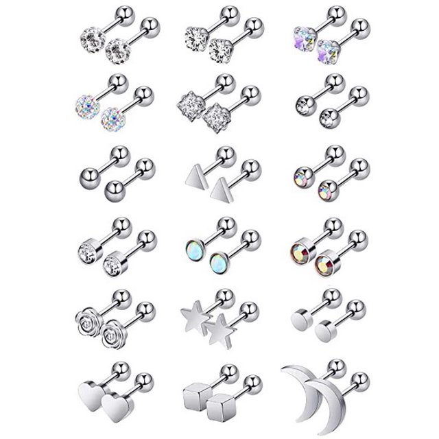 18 Pairs Stainless Steel Stud Earrings Solid Rhinestone Earring Cartilage Earrings Helix Ear Piercing Jewelry