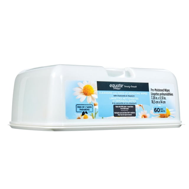 Equate Beauty Cleansing and Make-up Removing Wipes 60TUB in a white rectangular plastic container with flip-top lid, featuring chamomile flowers on the label, containing 60 pre-moistened wipes measuring 7.28 by 5.51 inches, free of parabens, made with 100% plant-based fibers, designed for gentle facial cleansing and makeup removal including waterproof mascara, suitable for all skin types.