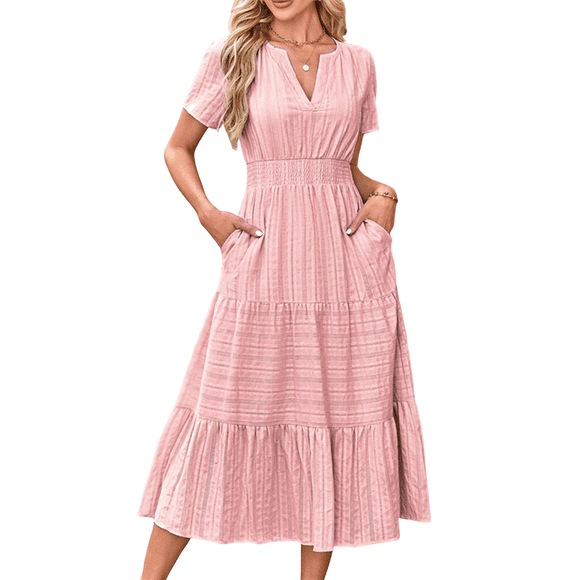 Womens Summer Casual Midi Maxi Dresses Light-Weight Short Sleeve V Neck Elastic Waist Boho Beach Dress Pockets Pink M