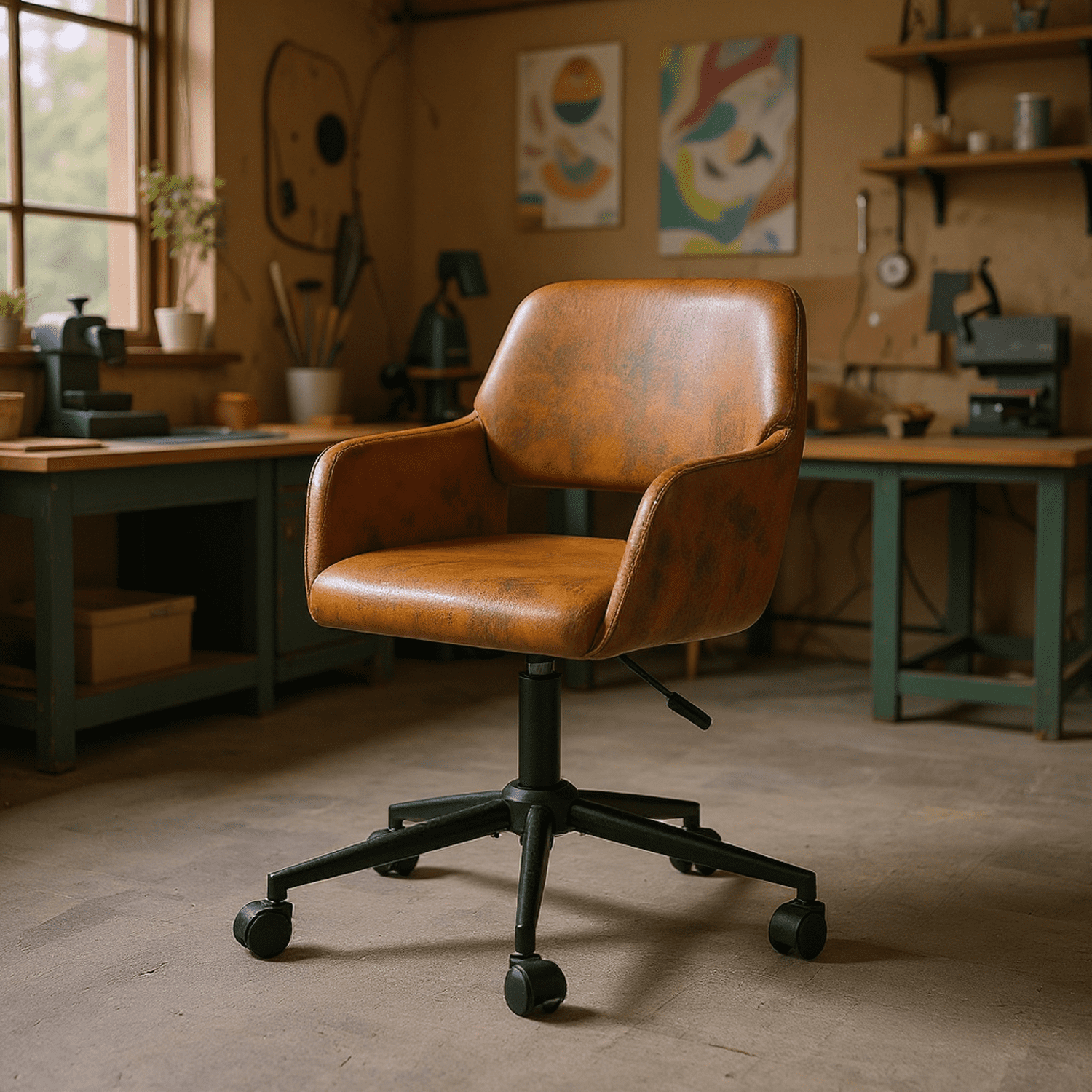 Homy Casa Ergonomic Task Chair, Adjustable Height with Swivel Base, Brown Faux Suede