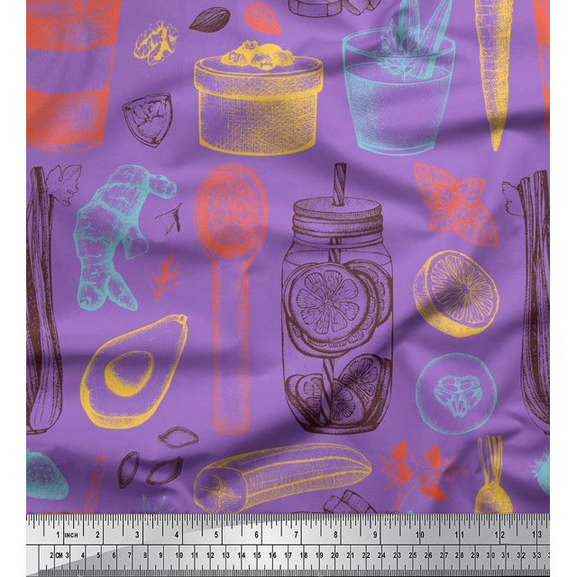 Soimoi Rayon Fabric Vegetables,Jar & Cups Print Sewing Fabric Yard 42 Inch Wide
