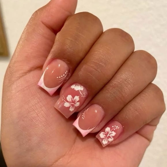 24PCS French Nail Tips - White to Gold Gradient, Short Square Press-On Nails with Floral Design, ABS Plastic, No Glue Needed, Multi-Size Set for Daily & Special Occasions