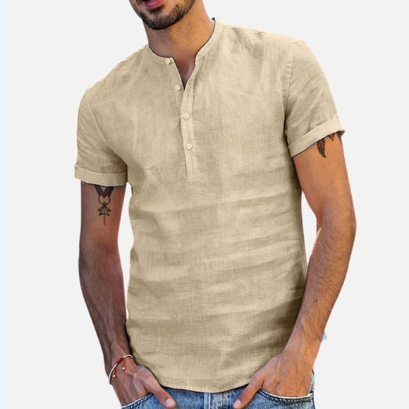 lcziwo Mens Cotton Linen Henley Shirts Casual Short Sleeve T shirts Summer V-Neck Hippie Linen T Shirts Comfort Breathable Yoga Tops 2024 Khaki S