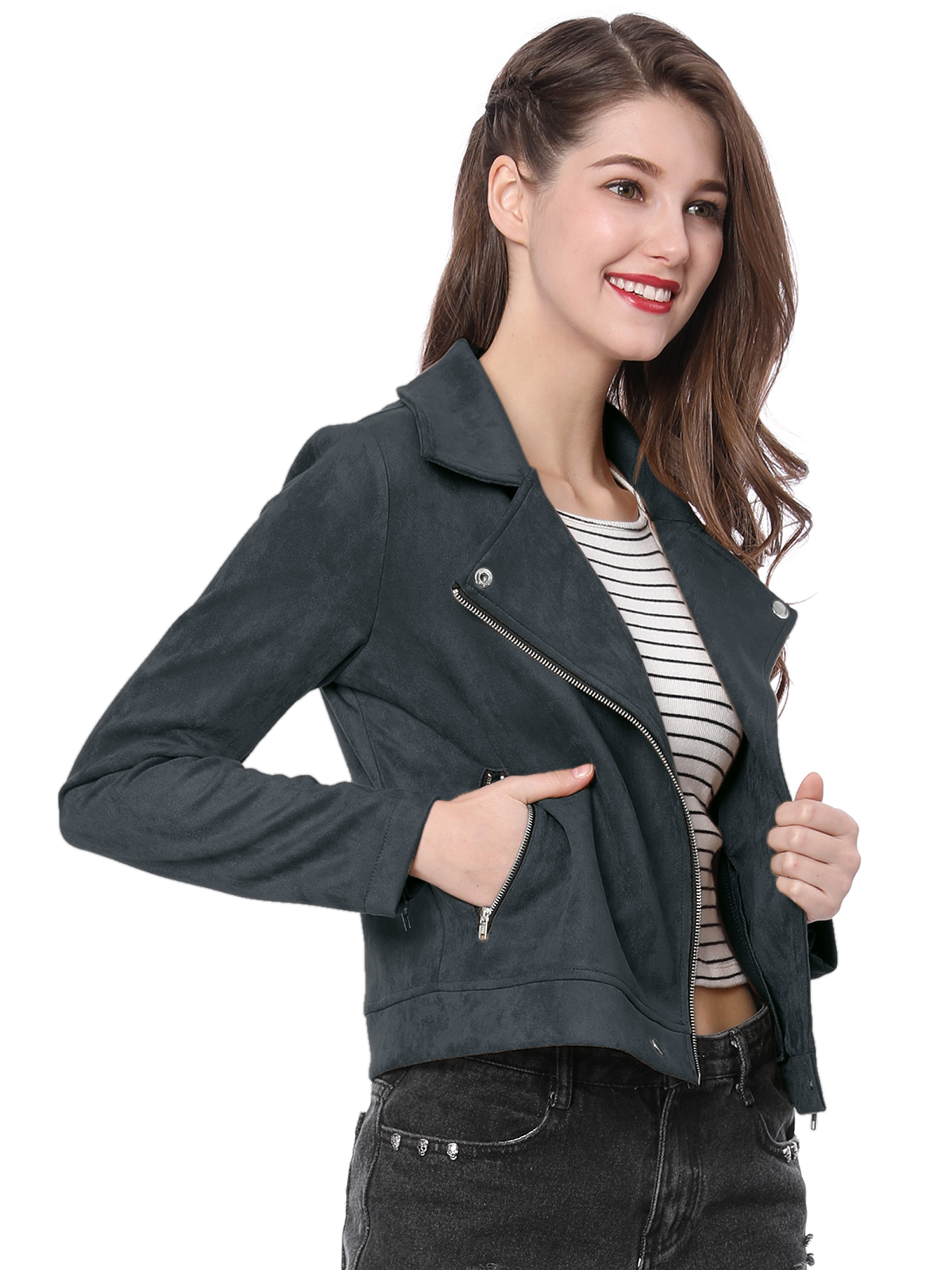INSPIRE CHIC Juniors Faux Suede Long Sleeve Zip Up Moto Biker Jacket
