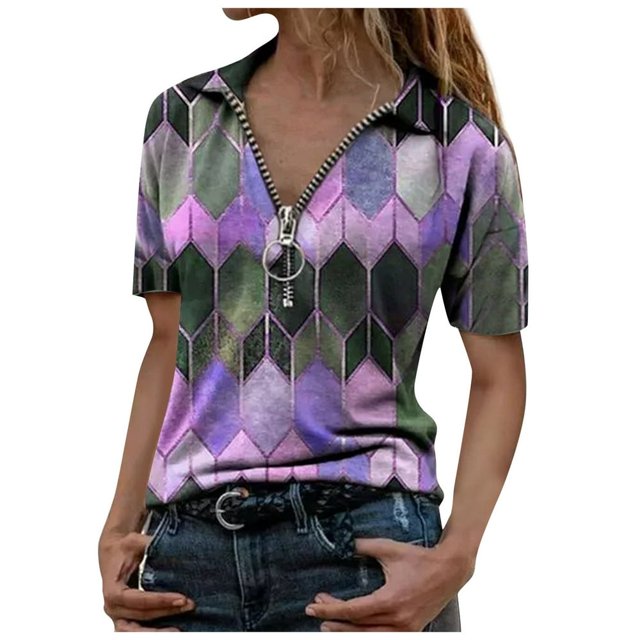 AMERTEER Mode Femmes Été Imprimé Manches Courtes Fermeture Éclair Col à Revers T-Shirt Tops T-Shirt pour Femmes