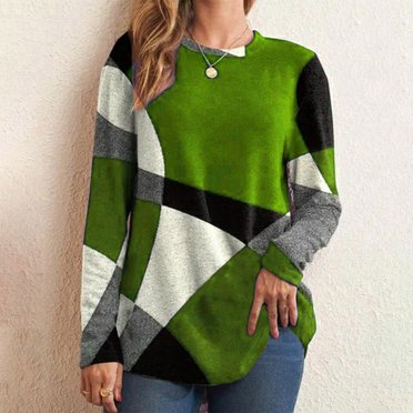 Meichang Women's Color Block Tops Plus Size Long Sleeve Tunics Casual Round Neck Shirts Trendy Loose Fit Blouses Comfy Pullover Shirt