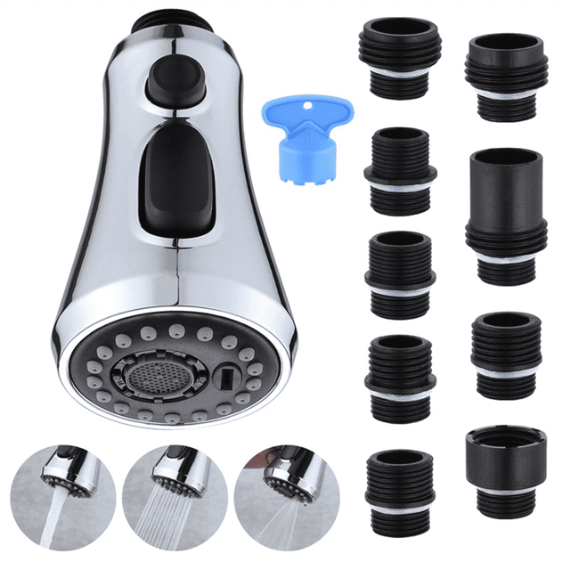 Kitchen Faucet Head Replacement with 3-mode blade spray functionality, offering soft bubble stream, strong sprayer shower, and super powerful mode for efficient rinsing. Includes 9 adapters compatible with 99% standard faucets, ideal for kitchen organization and sink accessories. Made of durable ABS material with a brushed nickel finish, designed for quick installation in under 5 minutes.