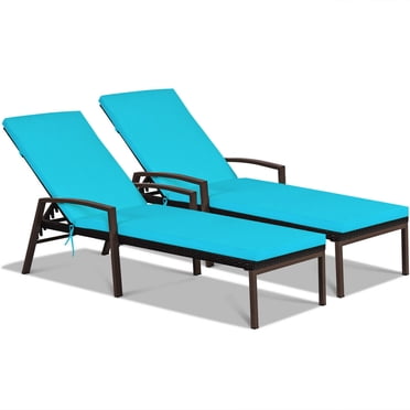 Gymax Lot de 2 Chaises Longues Inclinables de Patio en Rotin Réglables avec Coussin Turquoise