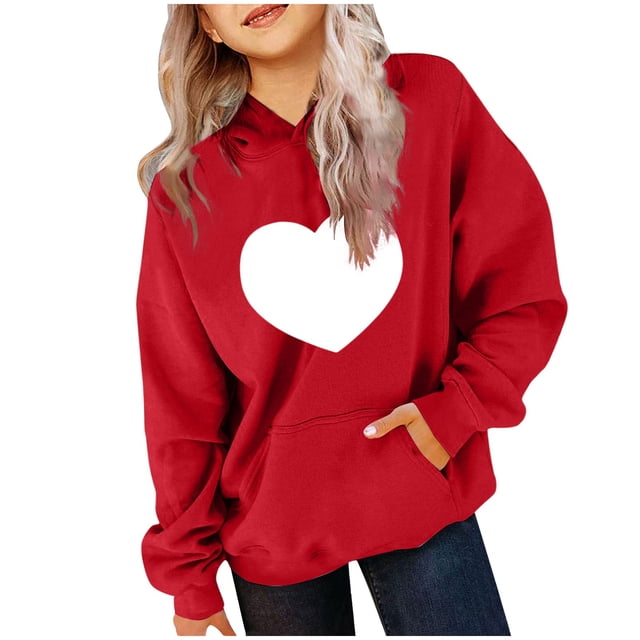 Milgrthf Chandails à Capuchon et Chandails Molletonnés pour Filles avec Écusson en Forme de Cœur, Poids Lourd, Manches Longues, Col Ras du Cou, Chandail à Capuche à Enfiler pour Préadolescente, Rouge, 3 Ans