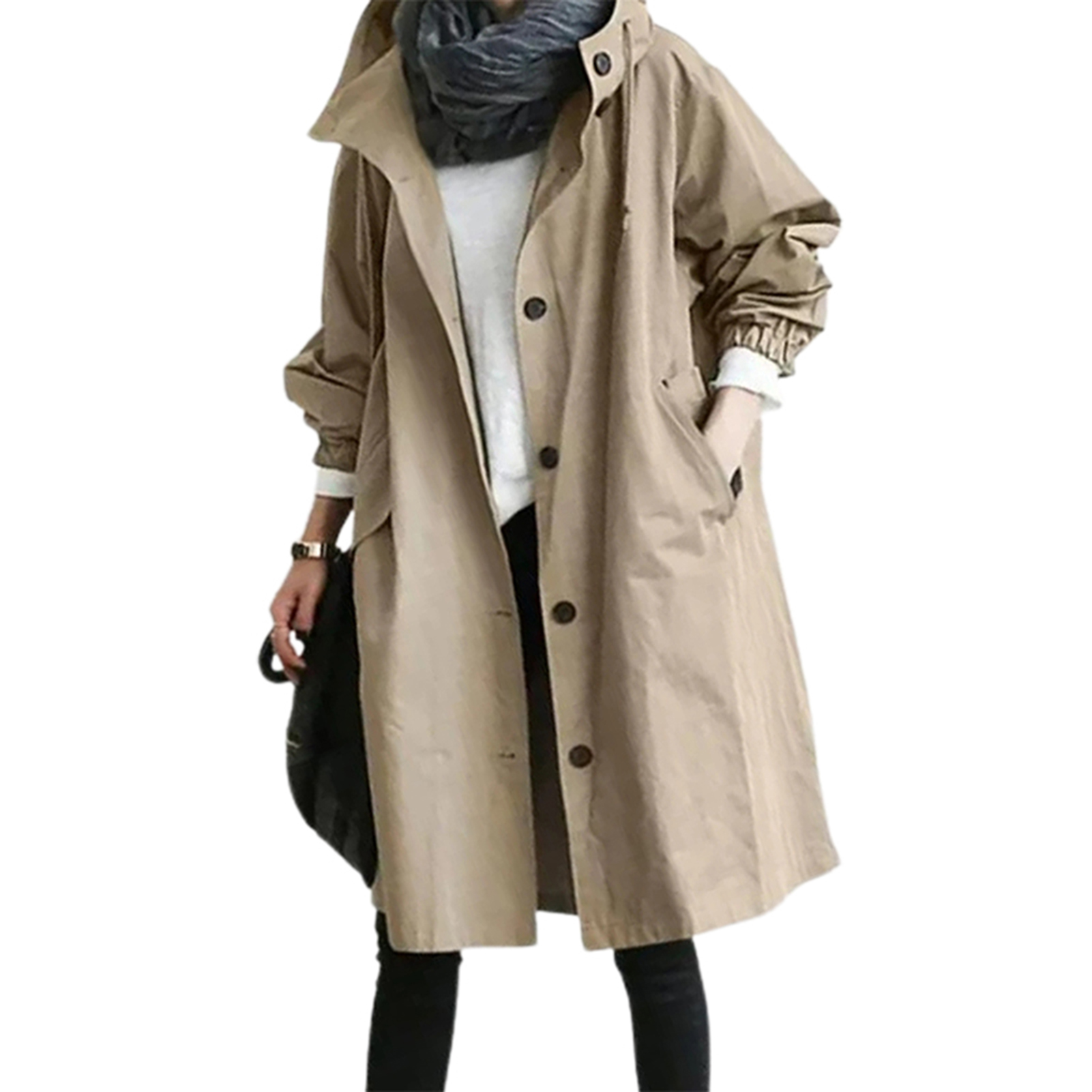 CAROOTU Women Windbreaker Jacket Casual Loose Button Pockets Hooded Windproof