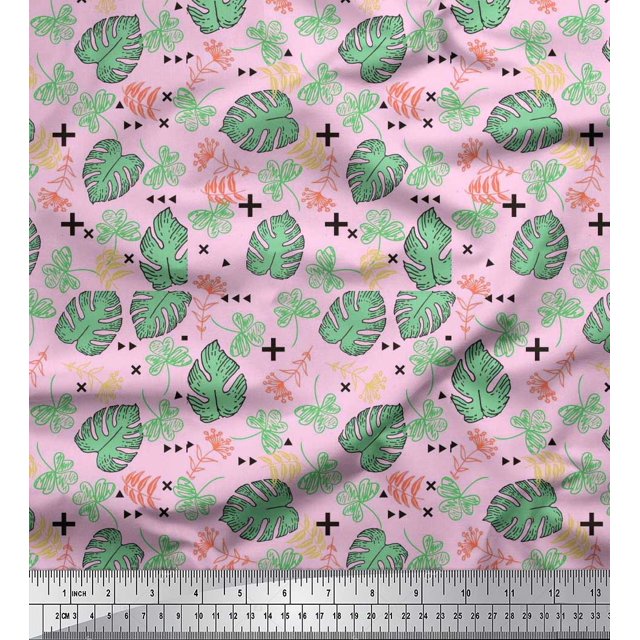 Soimoi Poly Georgette Fabric Geometric Sign,Clover & Monstera Leaves Print Fabric by The Yard 42 Inch Wide