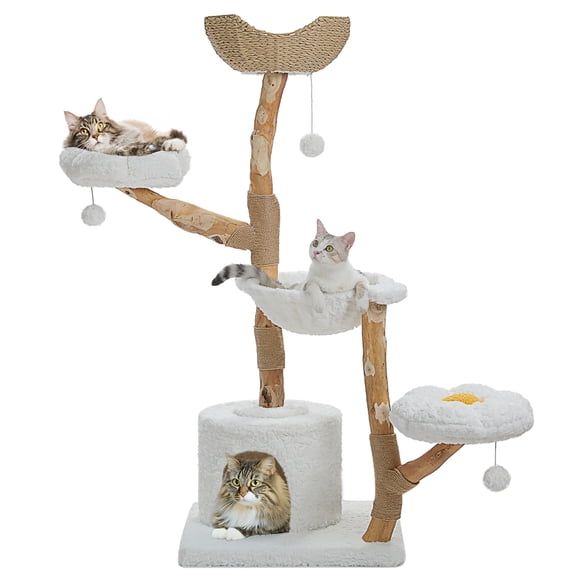 PAWZ Road 58" Wood Cat Tree for Indoor Cat with Large Rattan Basket and Hammock Cat Furniture White