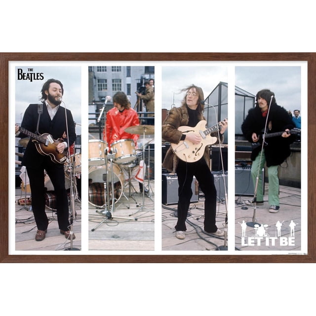 The Beatles - Let It Be Bars Wall Poster, 22.375" x 34" framed featuring four vertical panels of The Beatles performing on a rooftop, each member playing bass guitar, drums, electric guitar, and rhythm guitar, with the band's logo in the top left and 'Let It Be' text with silhouettes in the bottom right, ideal for music-themed wall decor.