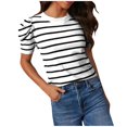 thumbnail image 2 of SDNall Femmes Manches Courtes Tricot Tops Tendance Col Ras du Cou à Rayures T-Shirts d'Été Casual Chemisiers, 2 of 9