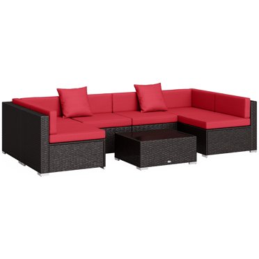 Outsunny Ensemble de Mobilier de Patio 7 Pcs, Ensemble de Conversation Extérieur en Rotin PE avec Sofa Sectionnel, Dessus de Table en Verre, Coussins et Oreillers pour Jardin, Pelouse, Terrasse, Café Foncé et Rouge Vin