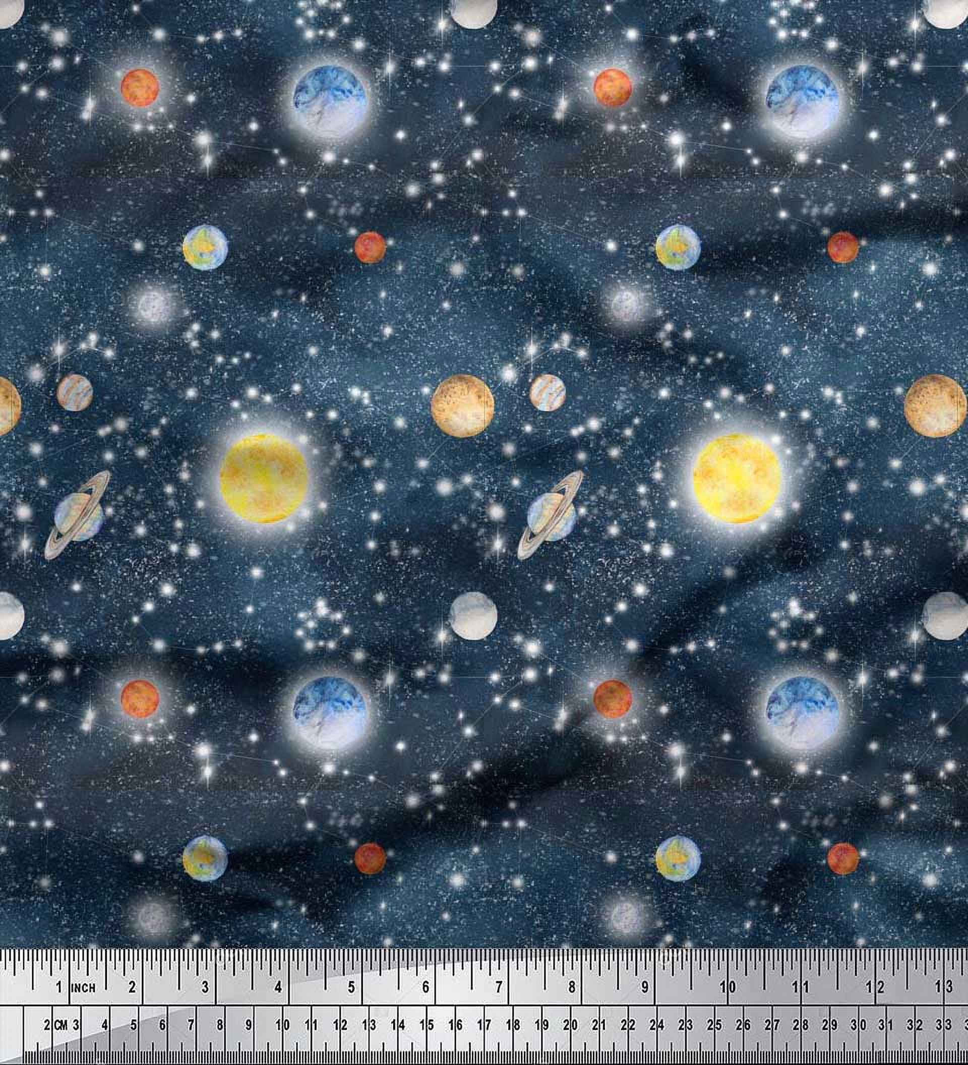 Soimoi Rayon Fabric Planet & Sun Galaxy Printed Fabric 1 Yard 42 Inch Wide