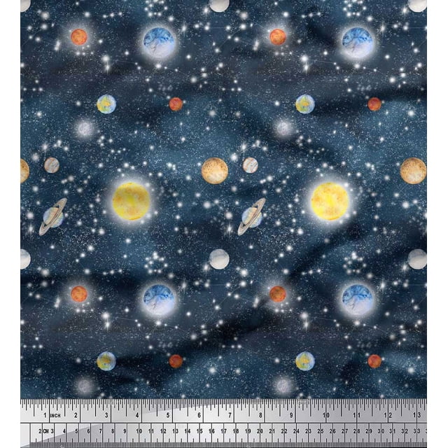 Soimoi Modal Satin Fabric Planet & Sun Galaxy Print Fabric by the Yard 42 Inch Wide