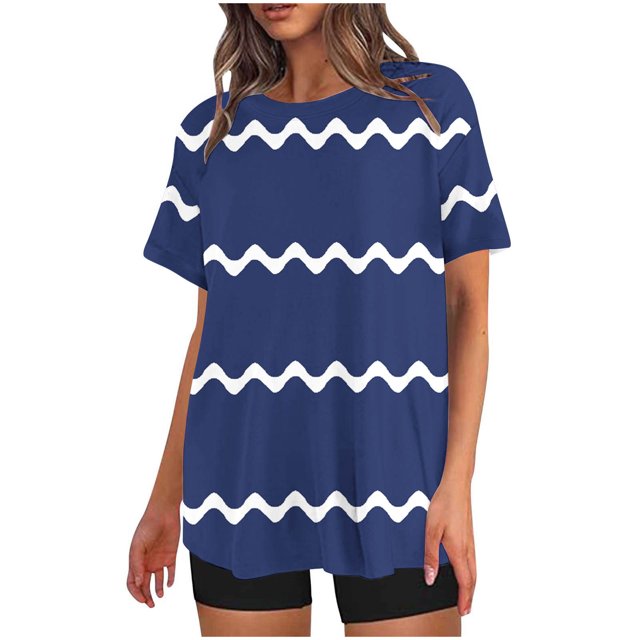 Penkiiy T-Shirts Courts à Manches Courtes pour Femmes, Coupe Ample, Imprimé à Rayures, Été, Col Rond, Coupe Décontractée, T-Shirt Basique, Hauts Y2K, TG, Bleu