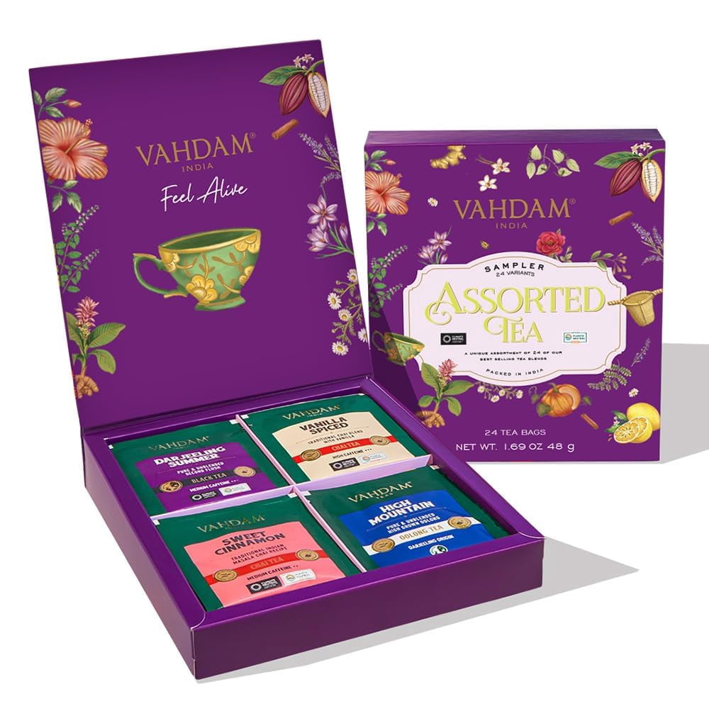 VAHDAM Classic Assorted Tea Gift Box of 24 Unique Flavors in Individually Wrapped Pyramid Tea Bags