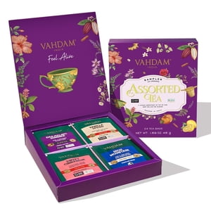 VAHDAM Classic Assortiment de thé boîte cadeau de 24 Saveurs uniques dans des sacs de thé à la pyramide emballés individuellement