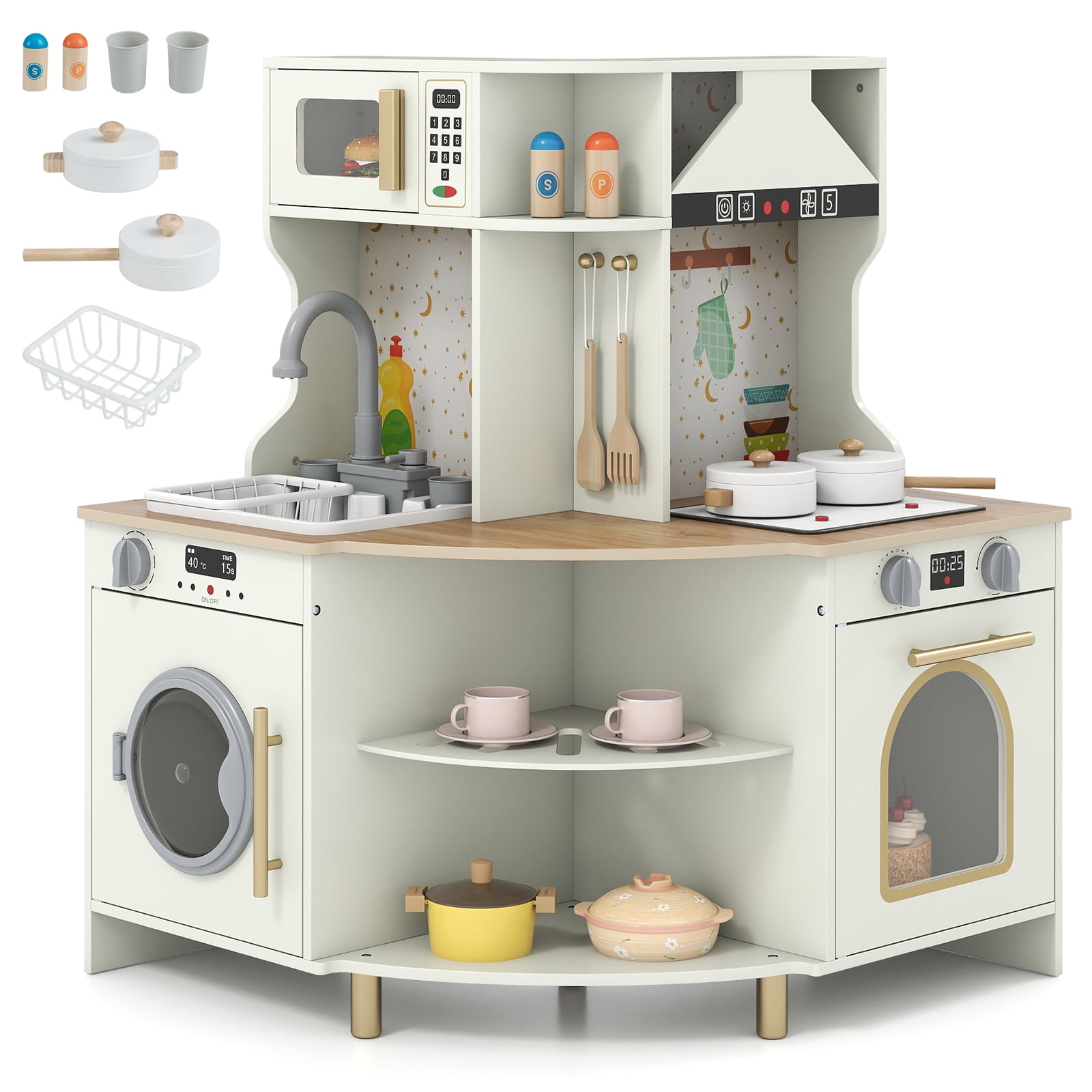 Gymax Kids Play Kitchen w/Working Faucet & Sink Microwave & Dishwasher for Ages 3+