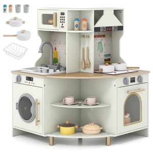 Gymax Les enfants jouent à la cuisine avec le robinet de travail & Écorcer les micro-ondes & Lave-vaisselle pour les âges 3+