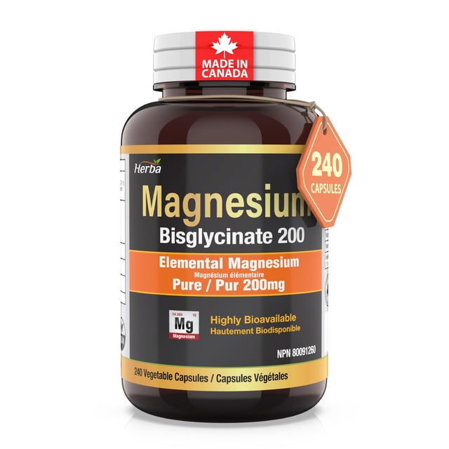 Herba Pure Magnesium Bisglycinate 200mg - 240 Capsules bottle featuring a dark brown container with an orange label. The label emphasizes 'Elemental Magnesium Pure 200mg' and 'Highly Bioavailable' for wellness support. A red 'Made in Canada' badge is visible on the cap, and a tag indicates 240 capsules. Manufactured in Canada at a cGMP facility.