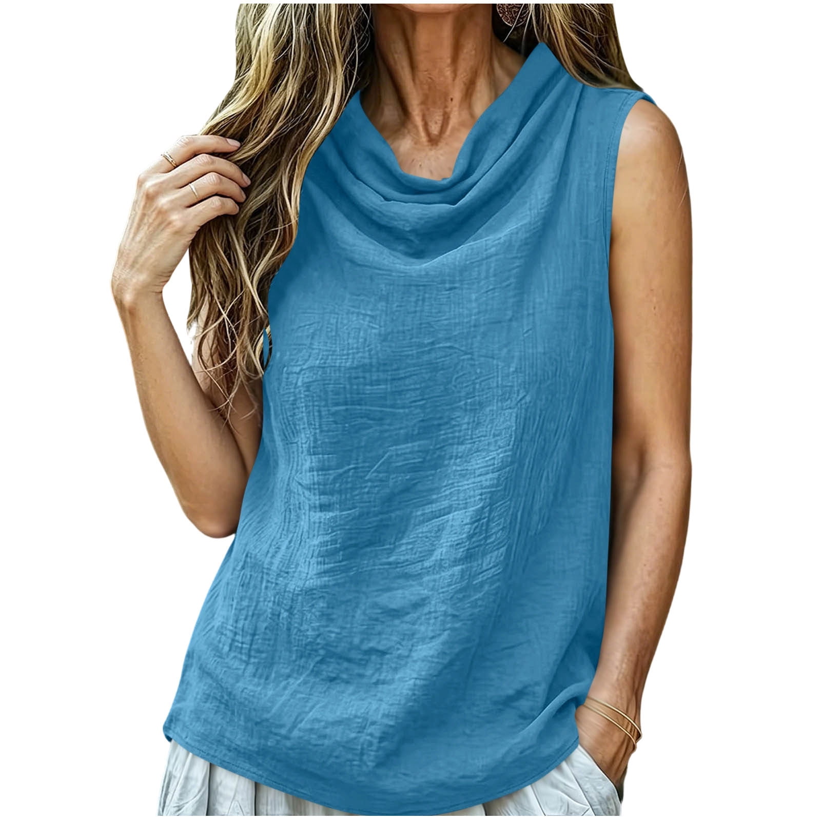 Aezemi Womens Cowl Neck Sleeveless Tanks, Linen Cotton Lightweight