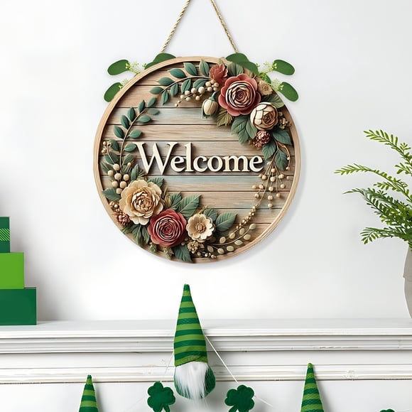 Rvkxad Welcome Doorplate, Wooden Circular Sign with Flower Wreath, Hanging Wall Plaque